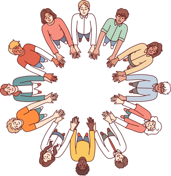 Friendly people stand in circle hold hands for collaboration and teamwork, top view png