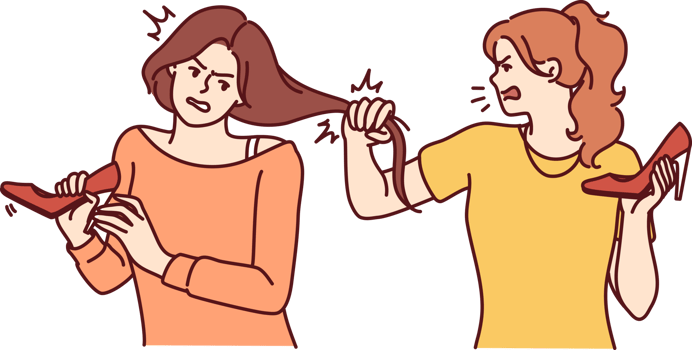 Quarrel women tearing opponents hair and shouting insults during conflict over last shoes in store png