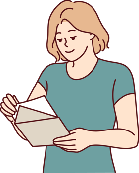 Woman with envelope in hands reads letter received in mail with invitation to entertainment event png