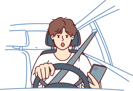 Man driver with phone sits behind wheel of car and gets scared sees obstacle on road or sharp turn png