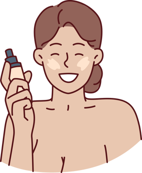 Woman with liquid foundation smiles as she puts on makeup to hide skin imperfections png