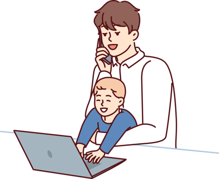 Father freelancer with baby in arms works with laptop and makes phone call during quarantine png