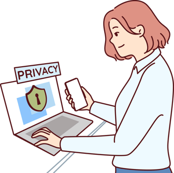 Businesswoman takes care of cyber security standing next to laptop with privacy inscription png