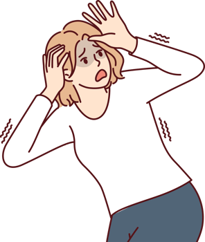 Frightened woman panicking and trying to dodge covering head with hands feeling danger and threat png