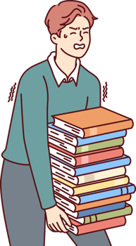 Exhausted man carries large stack of books suffering from overload while preparing for exams png