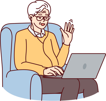 Elderly man makes video call through laptop sitting in chair and waving hand greeting interlocutor png