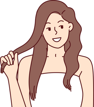 Beautiful girl fixes hair enjoying silky hairstyle after using new herbal shampoo with firming agents png