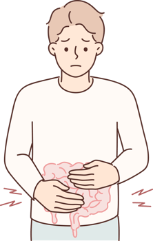 Man puts hands on stomach feeling pain in intestinal due to malnutrition or fast food poisoning png