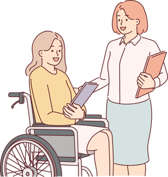 Woman in wheelchair near colleagues who help people with disabilities perform professional duties png