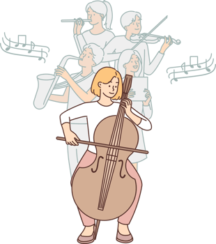 Woman plays violin in acoustic concert together with musical group and performs classical symphony png