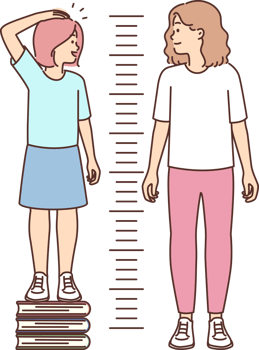 Little girl stands on books measuring growth and wants to compete with older sister png