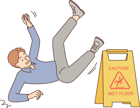 Man falls near warning sign with words caution wet floor due to negligence and inattention png