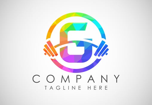 English alphabet G with a barbell low poly style. Lifting vector logo design. Vector logo for bodybuilding