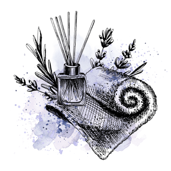 Aroma diffuser, towel with lavender flowers. Hand-drawn illustration, graphic with watercolor stains and splashes. Isolated composition png
