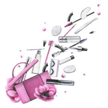 Pink cosmetic bag with anemone flowers and various decorative and skin care cosmetics. Watercolor illustration, hand drawn. Isolated composition png