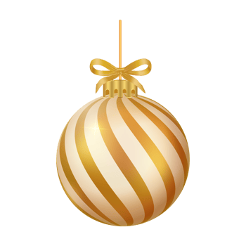 Christmas tree decoration elements with golden color ribbon. 3D ball PNG with snowflake and stirp art. Realistic 3D ball design PNG for Christmas tree decoration.