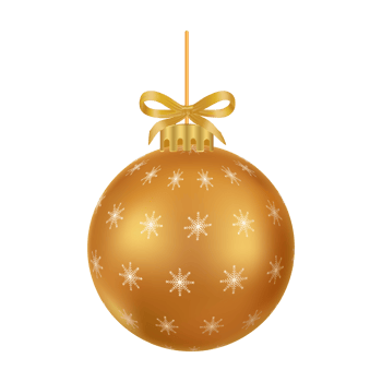 Christmas tree decoration elements PNG with luxurious golden color ribbon. 3D ball PNG with snowflake and stirp art. Realistic 3D ball PNG illustration for Christmas tree decoration.