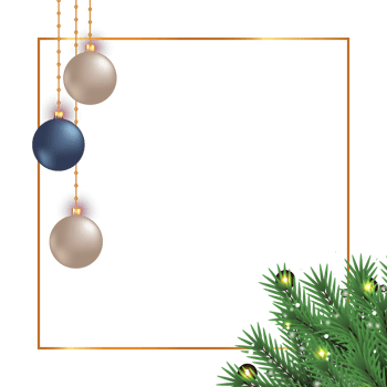 Christmas photo frame elements PNG. Transparent background with the blue and white color ball. Photo frame design with snowflake and decoration ball. Realistic 3D frame PNG with pine tree elements.