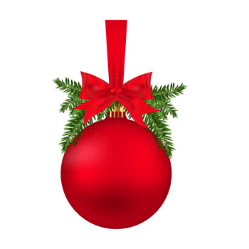 Christmas ball with red ribbon and green leaves PNG. Xmas red decoration ball with red ribbon and bow. Merry Christmas element, Xmas ball, pine leaves, Xmas Ribbon, Christmas leaf PNG. png