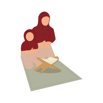 Muslim mother and daughter reading Quran flat illustration. Beautiful mother and daughter praying together flat illustration. Holy Quran flat design with girls wearing red hijab and praying PNG. png
