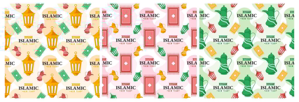 Set of Happy Islamic New Year Seamless Pattern Design Flat Illustration with Muslims Elements in Template Hand Drawn vector