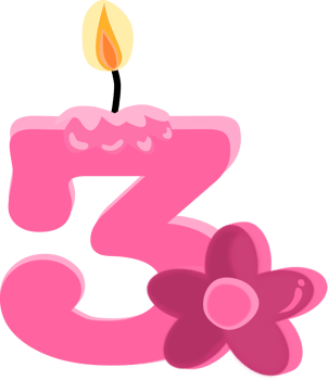 Pink three 3 number happy birthday candle and flower PNG illustration.
