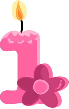 Pink one 1 number happy birthday candle and flower PNG illustration.