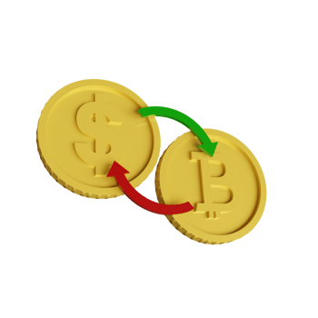 dollar and bitcoin symbol coin with arrow, exchange rate concept, 3D rendering png