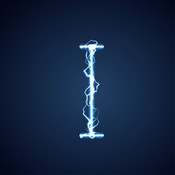 Blue lightning style letter or alphabet I. lightning and thunder bolt or electric font, glow and sparkle effect on blue background. vector design.