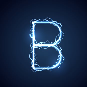 Blue lightning style letter or alphabet B. lightning and thunder bolt or electric font, glow and sparkle effect on blue background. vector design.