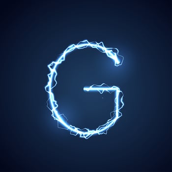 Blue lightning style letter or alphabet G. lightning and thunder bolt or electric font, glow and sparkle effect on blue background. vector design.