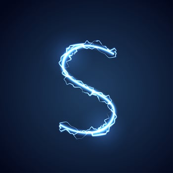 Blue lightning style letter or alphabet S. lightning and thunder bolt or electric font, glow and sparkle effect on blue background. vector design.