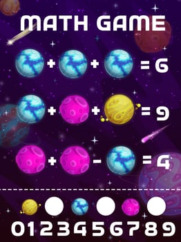 Math game worksheet, cartoon space planets, stars vector