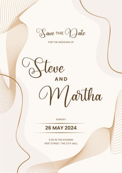 Modern wedding invitation template on white background with abstract wavy lines and gold color vector