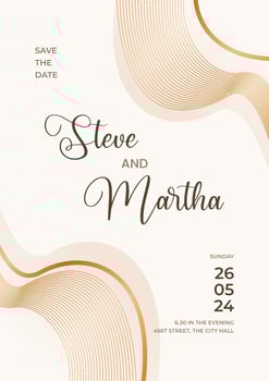 Modern wedding invitation template on white background with abstract wavy lines and gold color vector