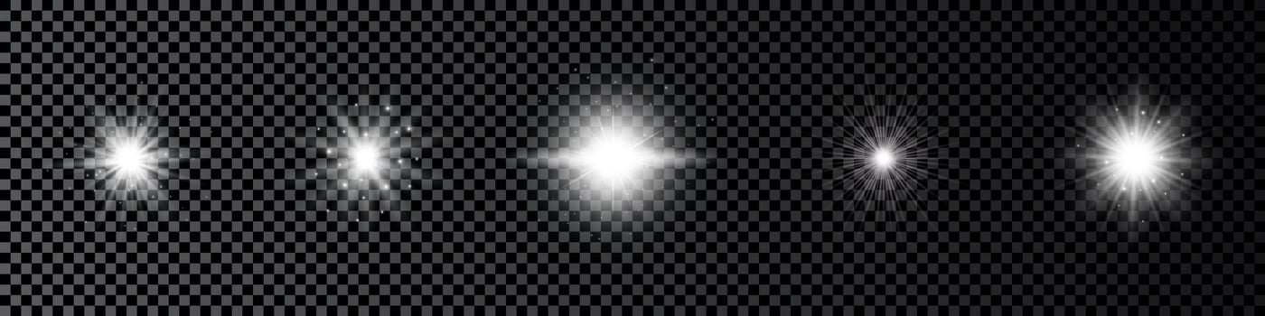 Light effect of lens flares. Set of five white glowing lights starburst effects with sparkles vector