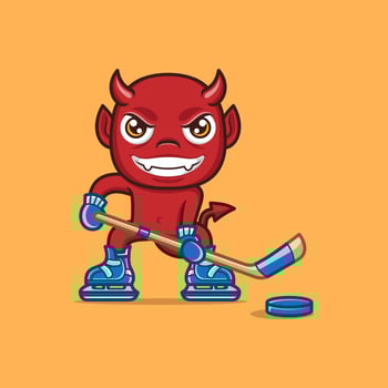 cute cartoon devil playing hockey vector