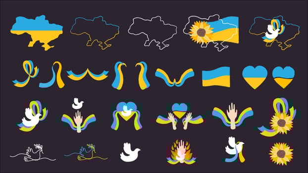 Ukraine cliparts  flags, ribbons, peace dove, maps. Support Ukraine concept. vector