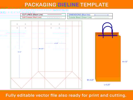 bag-5.25x3.25x13 inch Shopping Bag Dieline Template vector