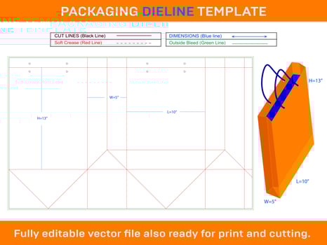 10x5x13 inch Shopping Bag Dieline Template vector