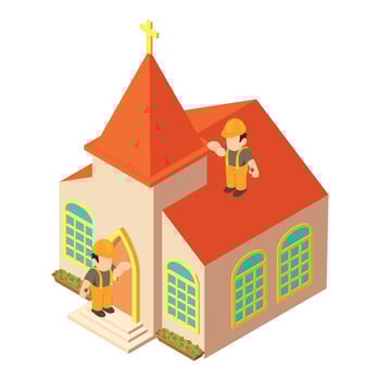 Painting work icon isometric vector. Christian church building and two worker vector