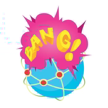 Bang icon isometric vector. Planet grid with red pin and bang speech bubble icon vector