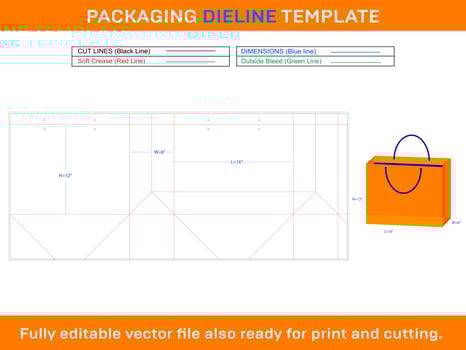 Shopping Bag Dieline Template 16x6x12 inch vector