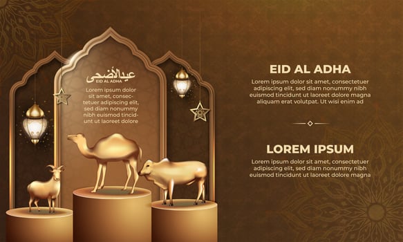 eid al adha background with goat, camel and cow for poster, banner design. vector illustration