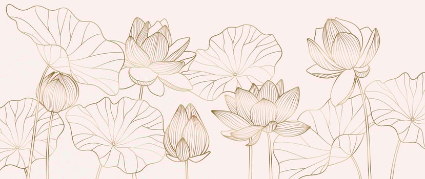Luxury hand drawn lotus flowers background vector. Elegant gradient gold lotus flowers line art, leaves on white background. Oriental design for wedding invitation, cover, print, decoration, template. vector