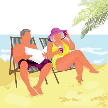 Old people on loungers drinks cocktail and relax on sea beach.Elderly couple retired grandparents summer activity.Senior persons sunbathe together on travel vector illustration.Summer vacation concept