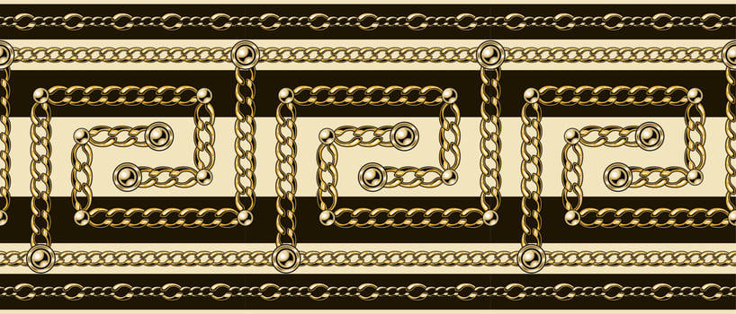 Greek pattern border with gold chains, beads. Beige, brown colors, horizontal stripes. Traditional ancient greek border ornament. vector
