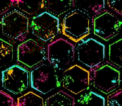 Geometric pattern with hexagons, paint brush strokes, spattered paint of neon bright colors. Virtual abstract background. Grunge style for sports goods, prints, clothing, t shirt design vector