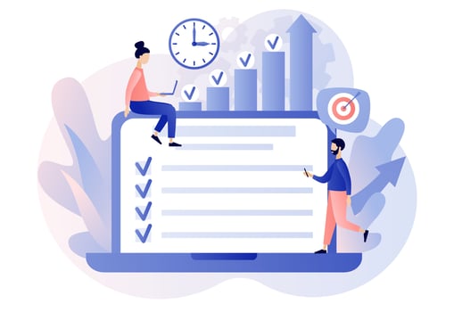 Productivity concept. Discipline, time management, employee performance and self-organization. Effective job planning online. Modern flat cartoon style. Vector illustration on white background