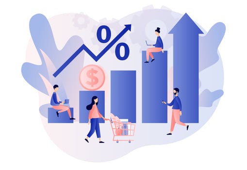 Inflation in economy. Rising food prices. Unstable prediction financial problems. Crisis concept. Modern flat cartoon style. Vector illustration on white background